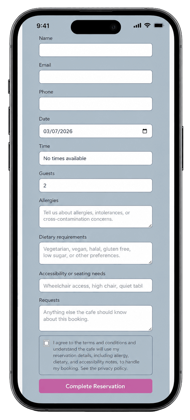 Cafe customer and enquiry records